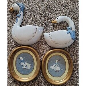 Vtg Homco Country Duck Wall Art Set of 4 Gold Oval Frames & Cottagecore Goose